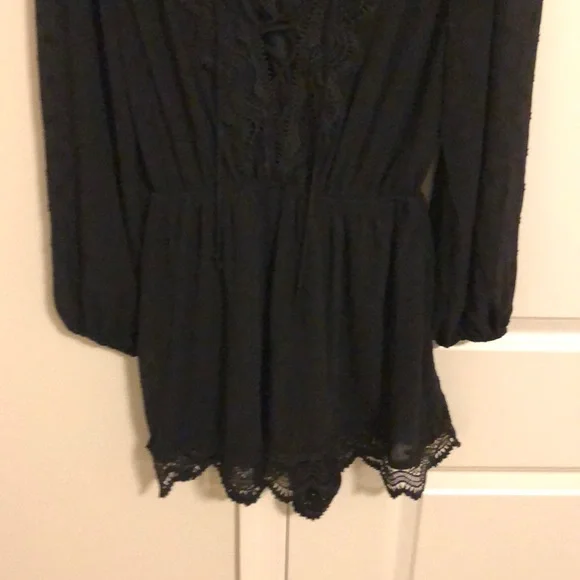 Express Black Clip Dot Sheer Chiffon Romper; tonal dot pattern and lace detail - Picture 5 of 8